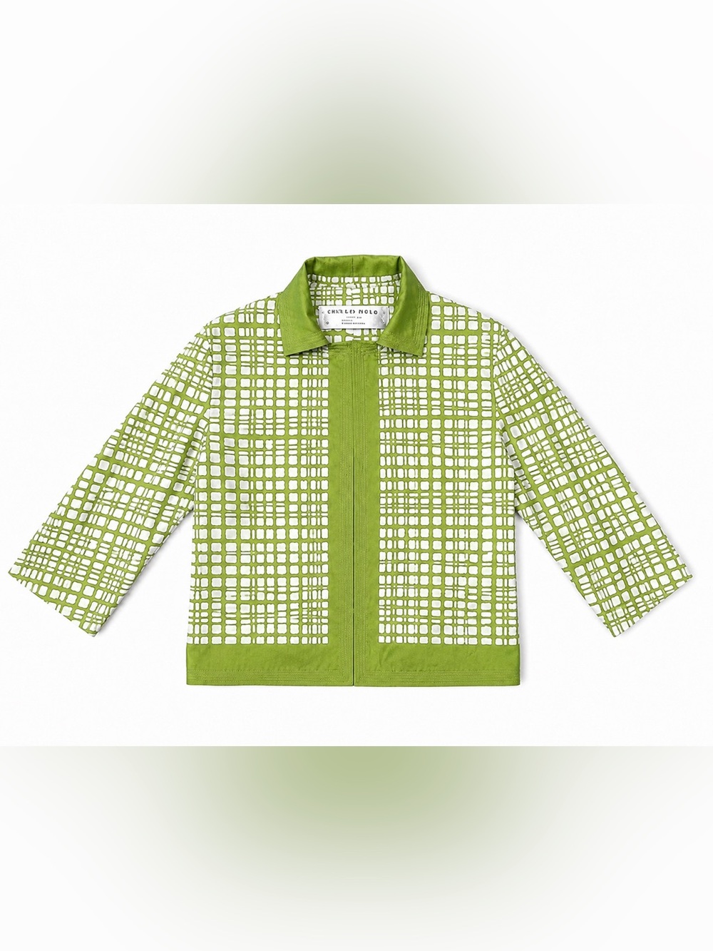 Charles Nolan New York 100% Silk Open Front Jacket Green Geometric Print – XS